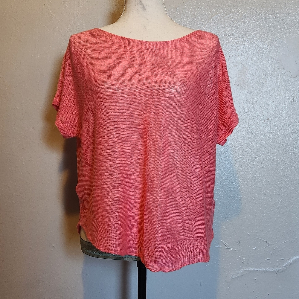Eileen Fisher Hot Pink Short Sleeve Knit Organic Linen Knit Sweater Top